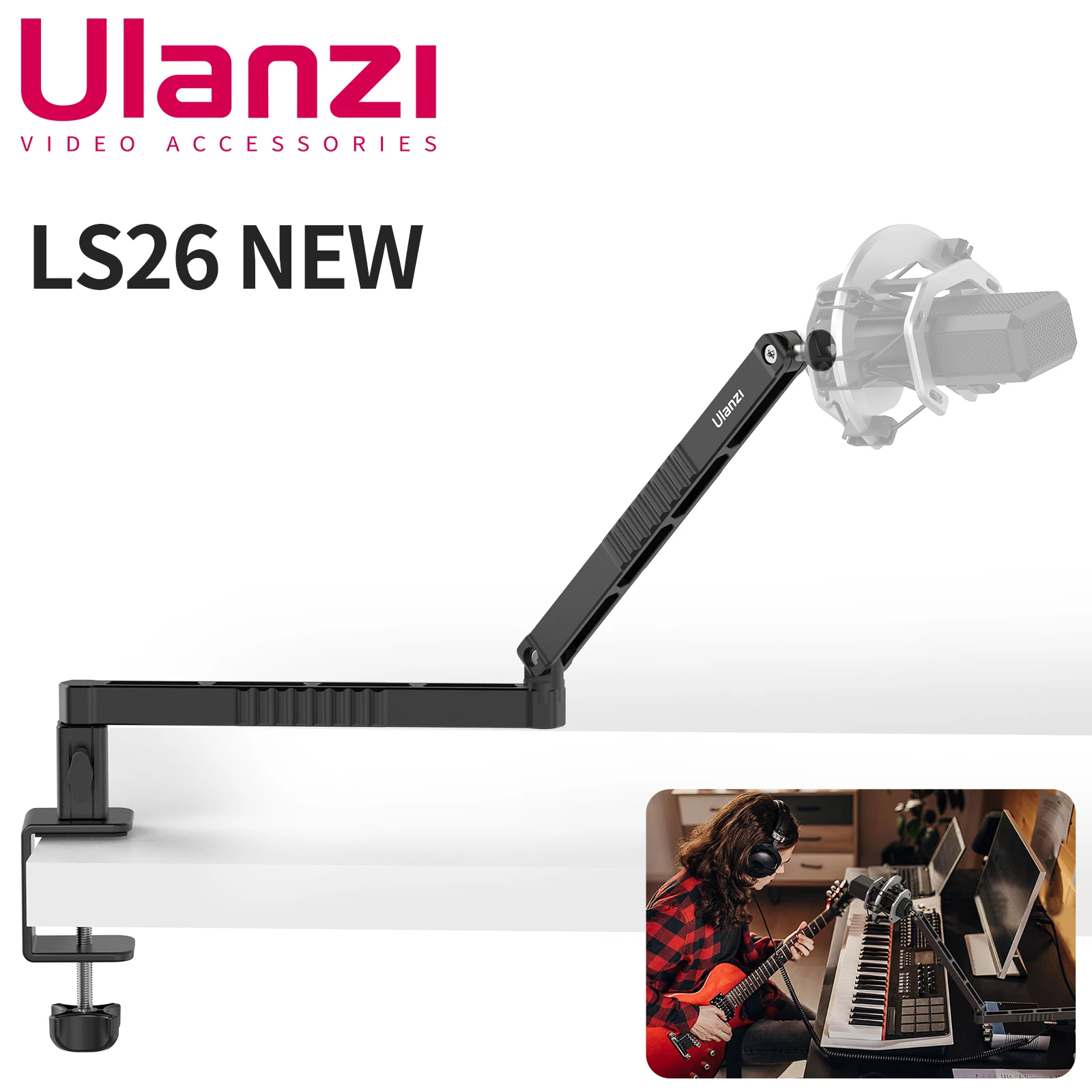 

Ulanzi Upgraded LS26 Low Level Microphone Stand with Adjustable Clamp Clip Desktop Mic Boom Arm Support Multi-angle Adjustment