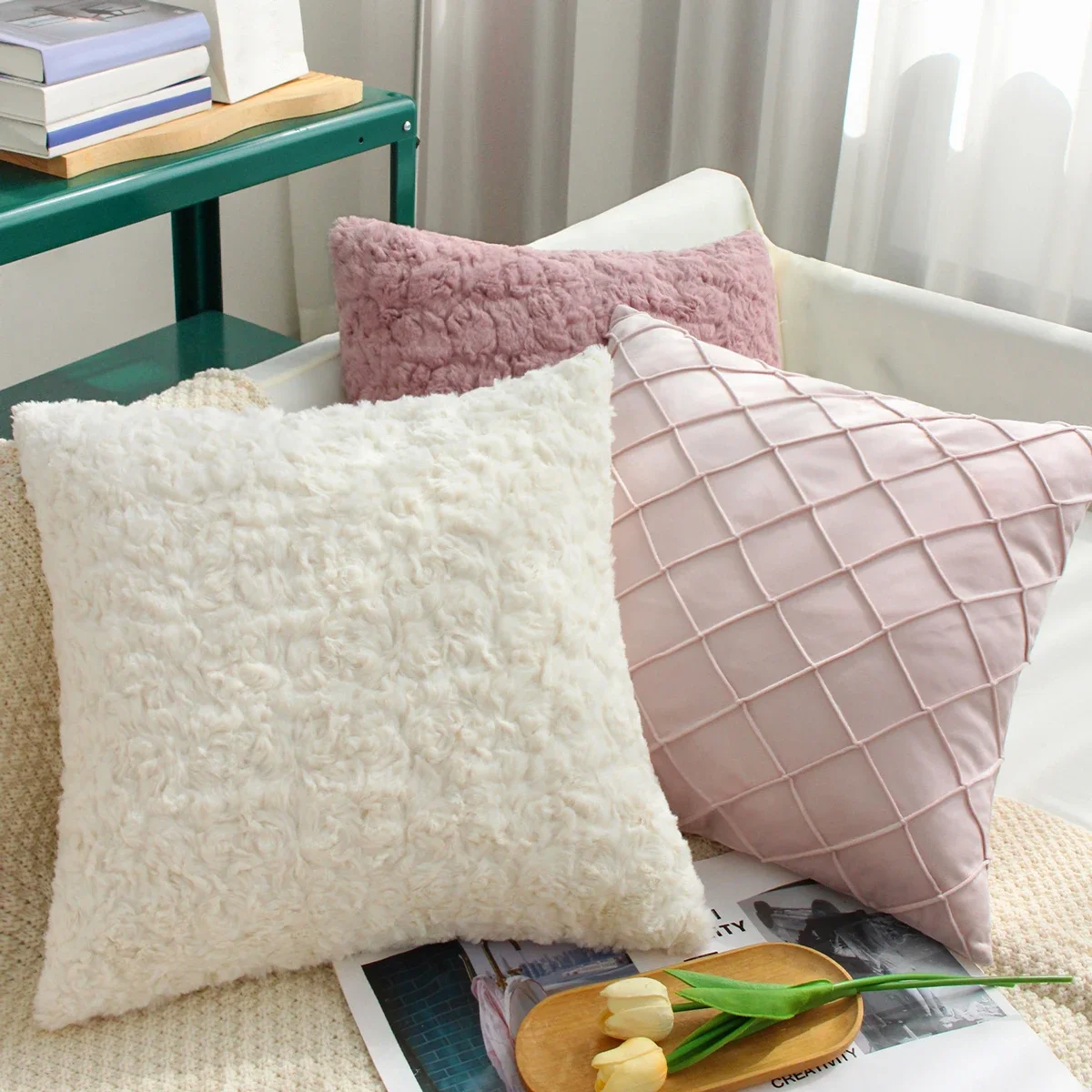 White/Pink Cushion Cover 45x45 Decorative Pillows for Living Room Sofa Couch Office Plush Pillow Cover for Kid Home Decor