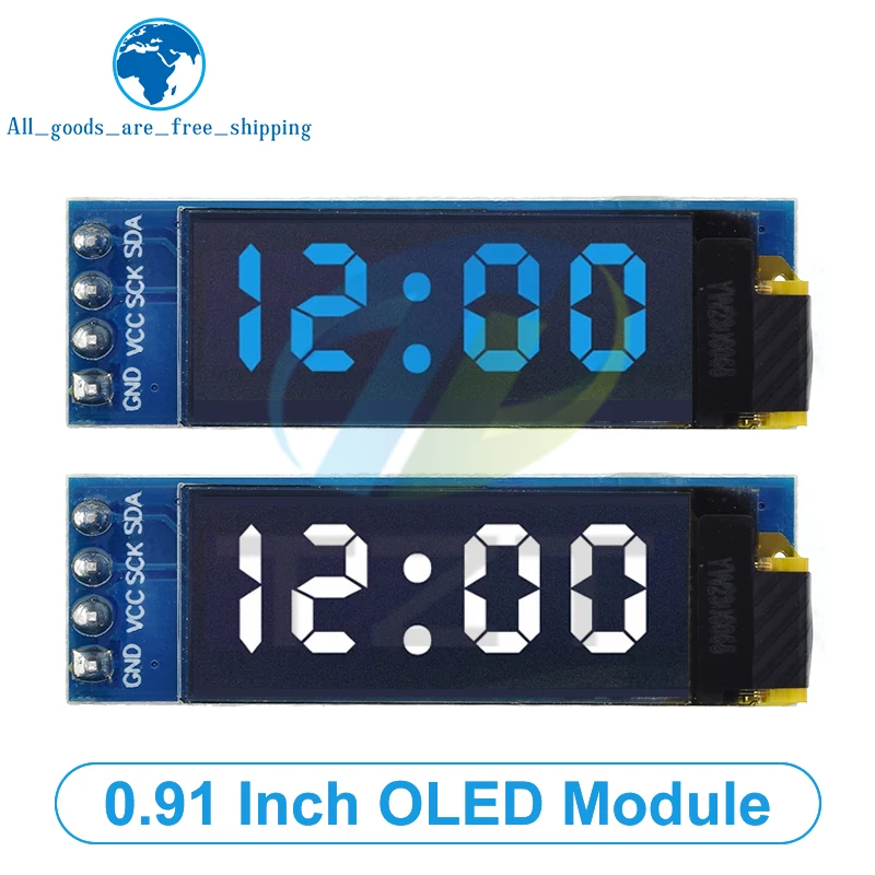 TZT-Módulo OLED de 0,91 pulgadas, módulo de pantalla LED LCD OLED de 0,91 pulgadas, comunicación IIC para Arduino ROHS, Blanco/azul, 128x32