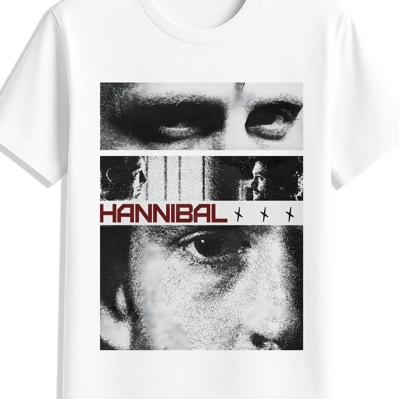 Men's Hannibal Lecter Themed Printed T-shirt - Black Print, Red Eyes and Hannibal Lettering, Casual Round Neck Summer T-shirt