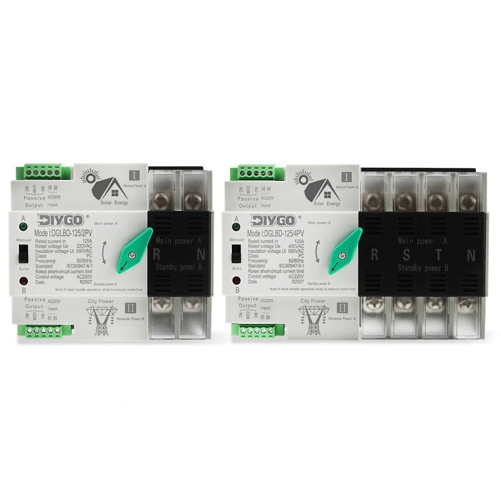 DIY GO Din Rail ATS for PV and inverter Dual Power Automatic Transfer Selector Switches Uninterrupted 2P 4P 125A 220V 110V