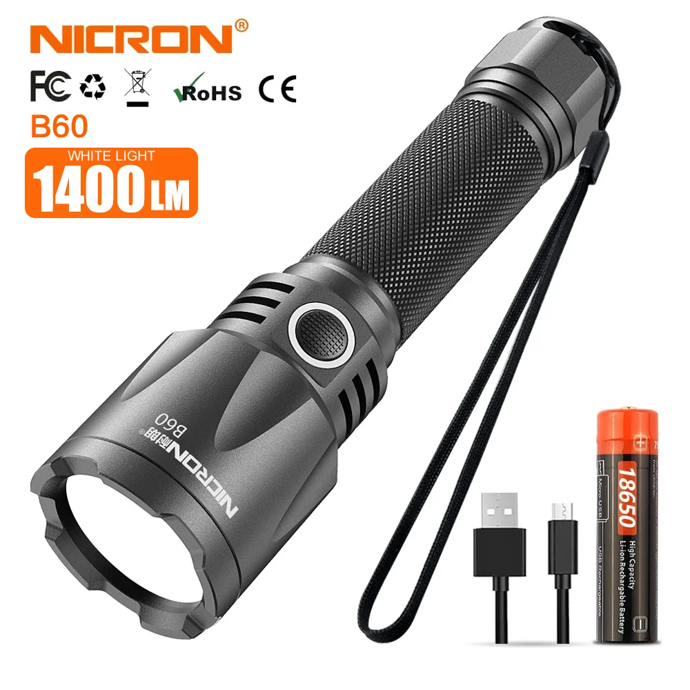 NICRON Flashlight B60 9W 1400 Lumens Super High Brightness LED Flashlight Light Portable Waterproof IPX8 500m long beam Distance