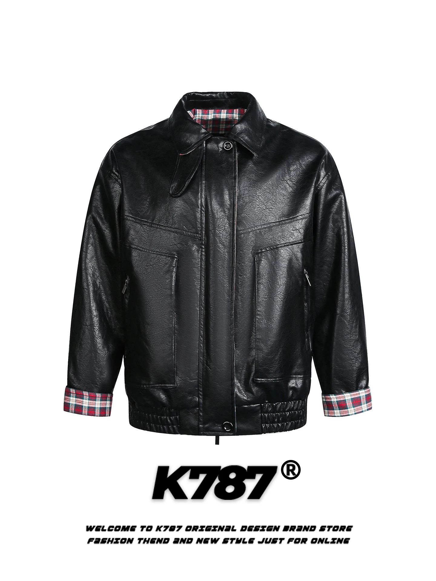 

K787 American Retro Plaid PU Leather Jaet Loose Fit Zipper Coat for Men And Women Spring Casual Sle Warmth Youth Faion
