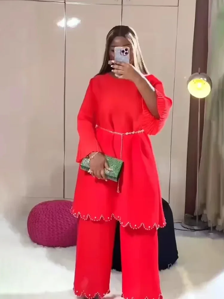 ANLAN Autumn 2024 New Pleated Set Loose Long Tops Plus Size Wide-leg Pants Feminine Fashion Two Piece Sets Womens Outifits 9A035