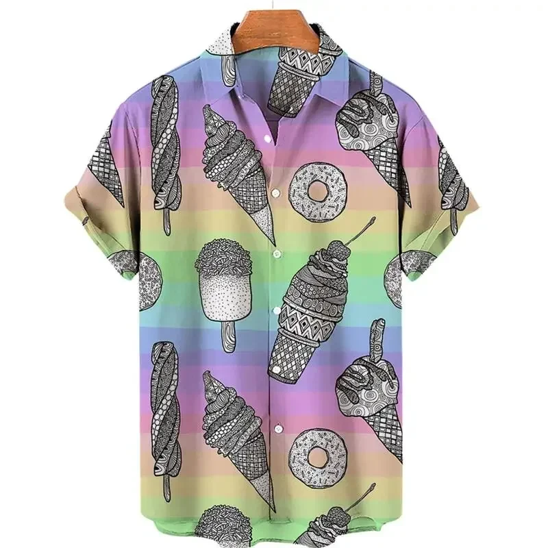 Funny Ice Cream 3D Printed Shirts For Men Clothes Summer Cold Beach Hawaiian Vacation Lapel Blouse  Streetwear Blouses