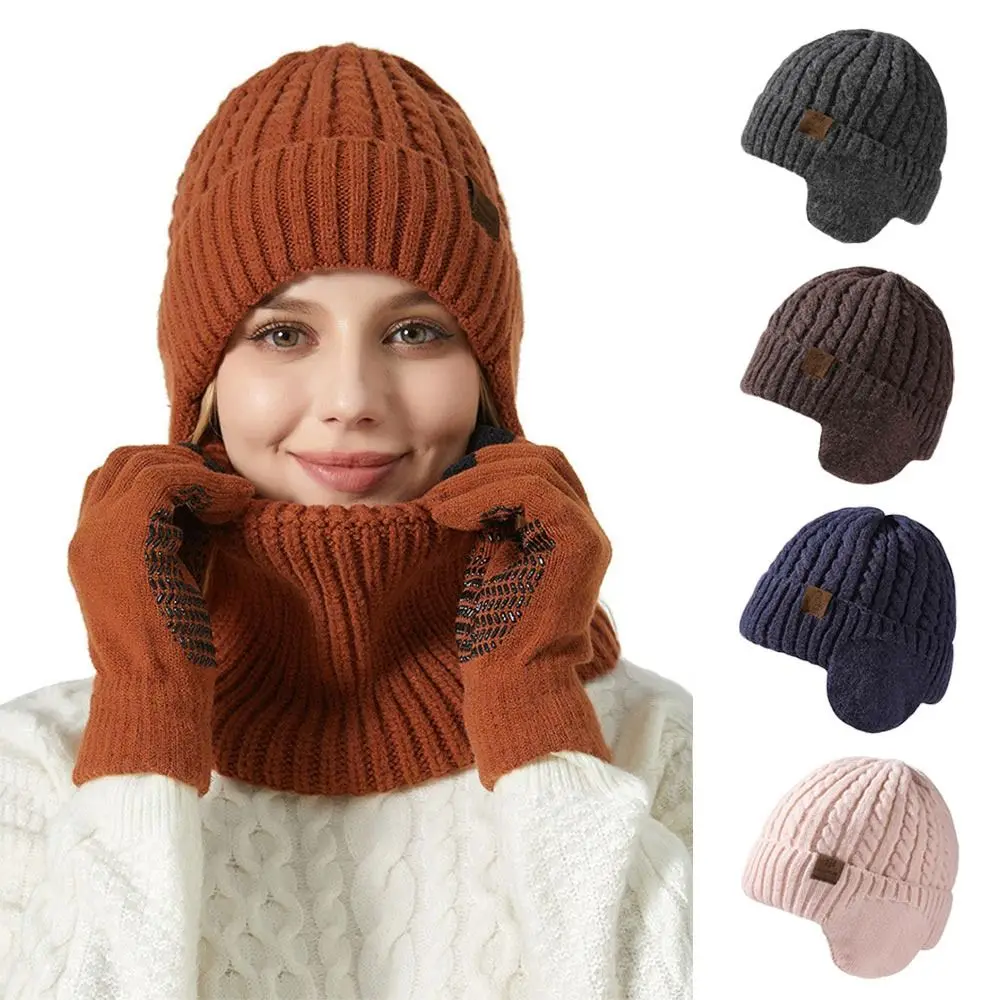3Pcs/set Winter Warm Beanie Hat Scarf Soft Woolen Fleece Lining Scarves Windproof Knitted Ear Protection Cap for Men Women