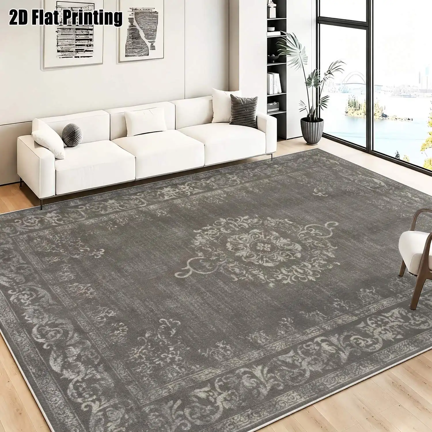 1Pc 2D Printed Retro Gray Floral Velvet Carpet, European Boho Geometric Pattern, Multi-Size Machine Washable Home Rug for Entrance, Dining, Bedroom, Living Room
