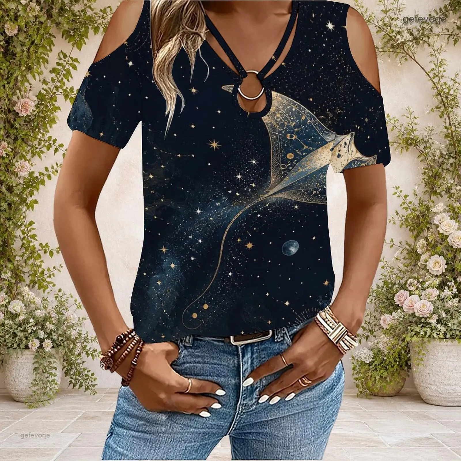 Women Cold Shoulder Short Sleeve T Shirt V Neck O Ring Keyhole Cutout Loose Casual Top Custom Print Ladies Daily Blouse