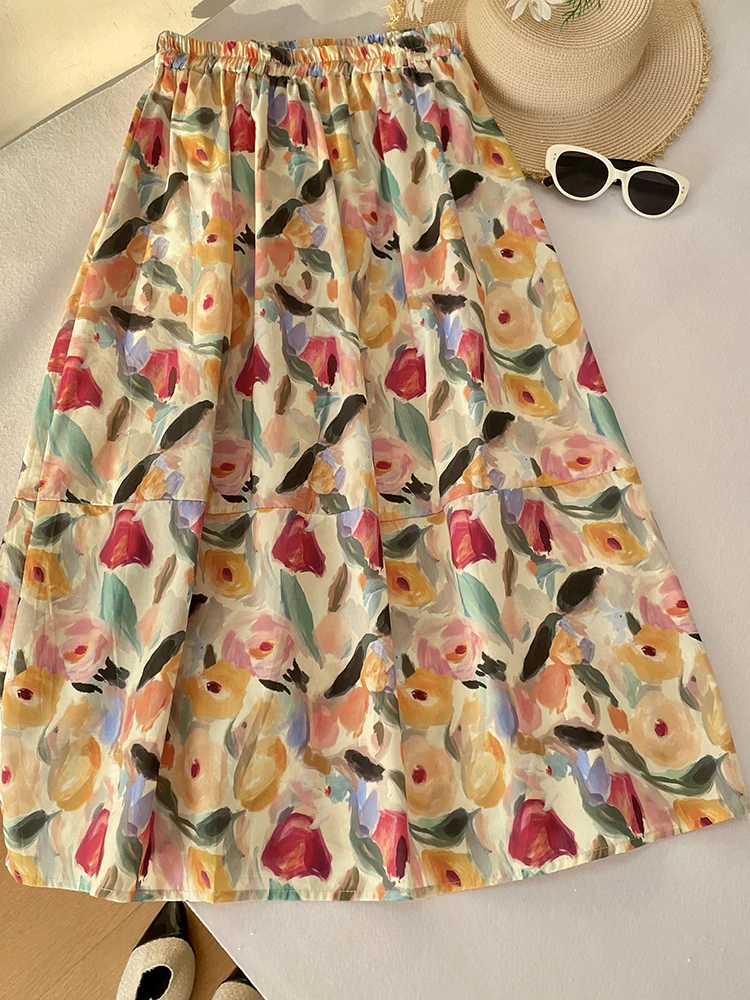 Orange Yellow Floral Lantern Half Skirt Women's Summer Loose Elastic High Waist A-Line Flower Bud Skirt Vintage Style