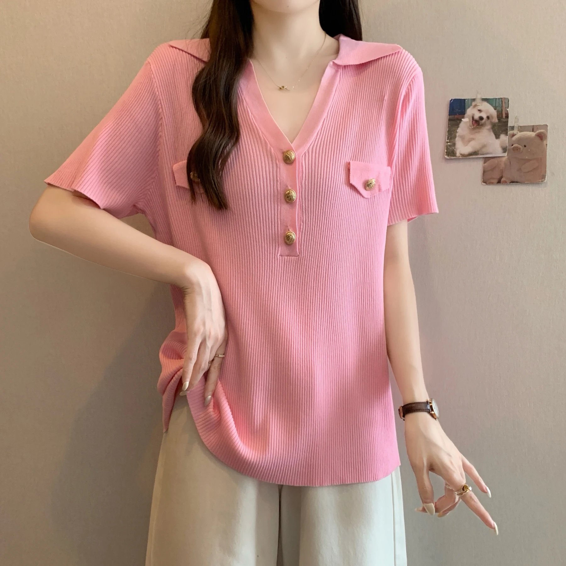 

Women's Lace V Neck Knitted Thin Sweater Tops Woman Slim Puff Sleeve Solid Summer Oversized Sweaters Pullovers Tee Female