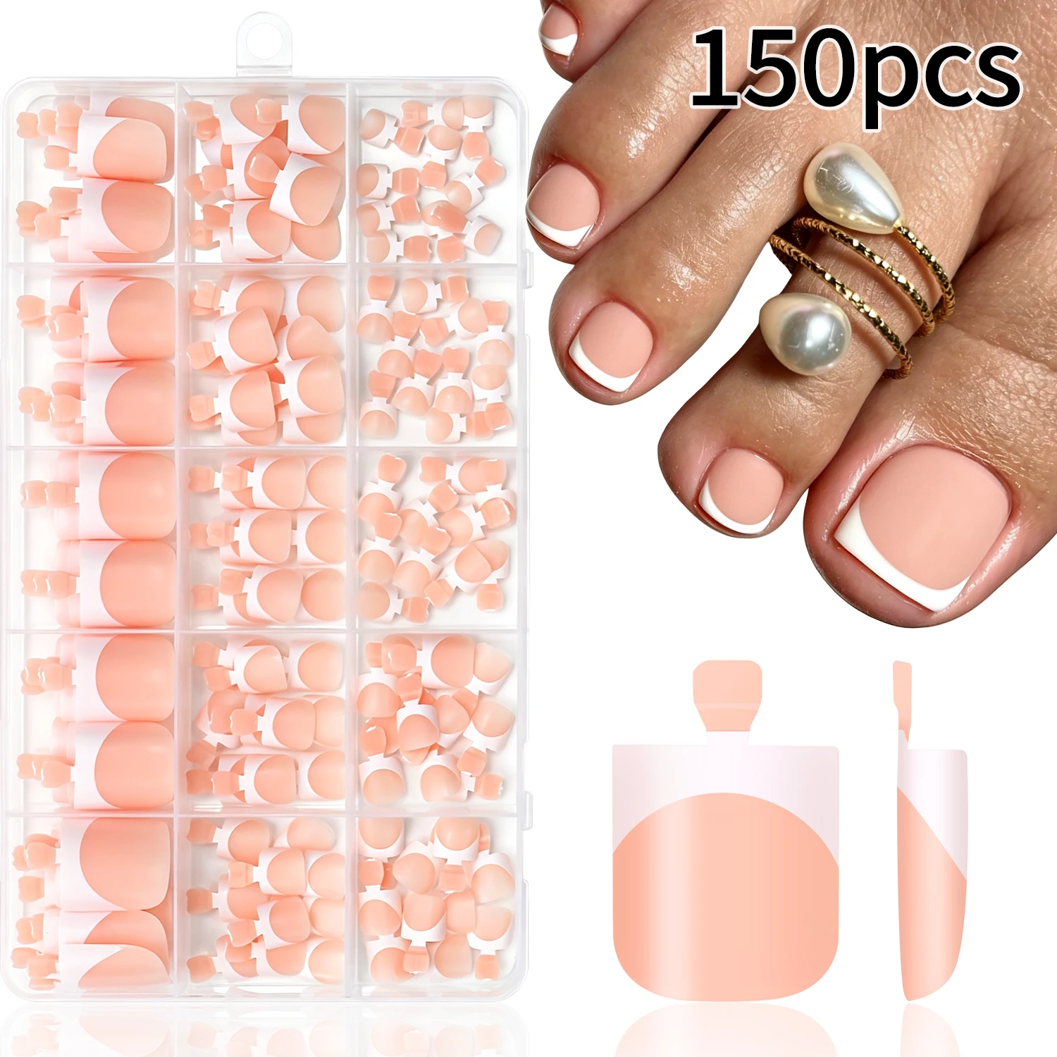 150 Stück halbtransparente, matte, französische Kunst-Zehennägel, kurze, quadratische, weiße Kanten, zum Aufkleben, Sommer, vollständige Abdeckung, falsche Fußnägel