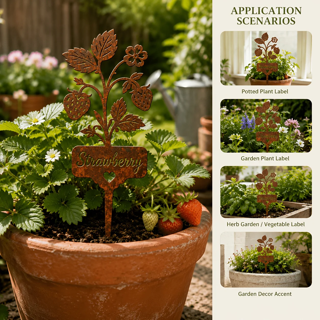 [2D Flat] Vintage Wrought Iron Plant Marker, Strawberry and Tomato Styles, Distressed Rust Finish. Suitable for Garden,Courtyard