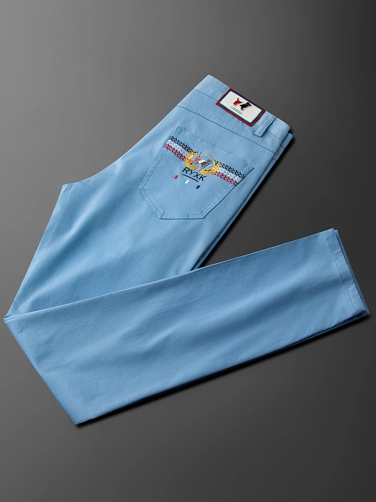 

Light Blue Embroidered Slim Fit Men's Casual Pants Faionable Individuali mid Waist Cotton Blend Comfortable Straight Leg ...