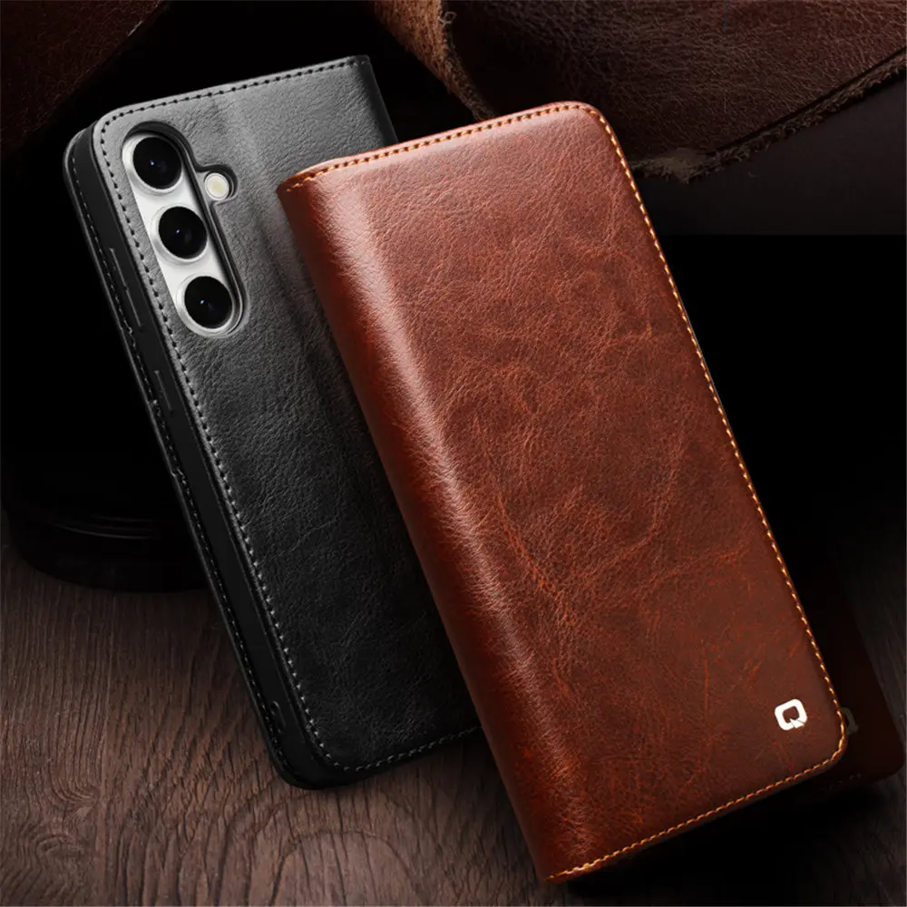 Genuine Cowhide Leather Magnetic Flip Case for Samsung Galaxy S24 FE Card Slot Full Cover