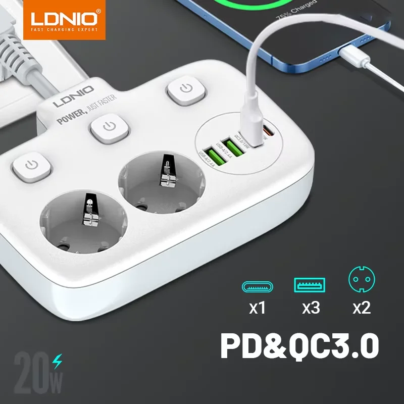 LDNIO EU Plug Power Strip 2 AD with 3 USB 1 Type-C Port Electrical Socket Korea 4.8mm Outlet Home Office Adapter Surge Protector