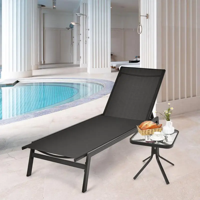 Outdoor Chaise Lounge Chair With 6-Position Adjustable Backrest, Sturdy Steel Frame Supports 330 Lbs, Breathable Quick-Dry Fabric For Patio Poolside Garden Deck, Black
