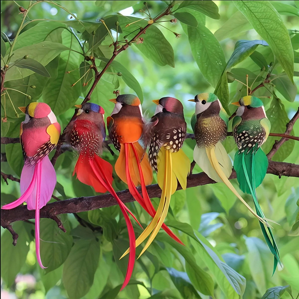 6 Stück lebendige künstliche Vögel mit langen Schwänzen, bunte gefiederte Hausgarten-Dekoration, lebensechte hängende Ornamente, festliche Dekoration – Detail 2
