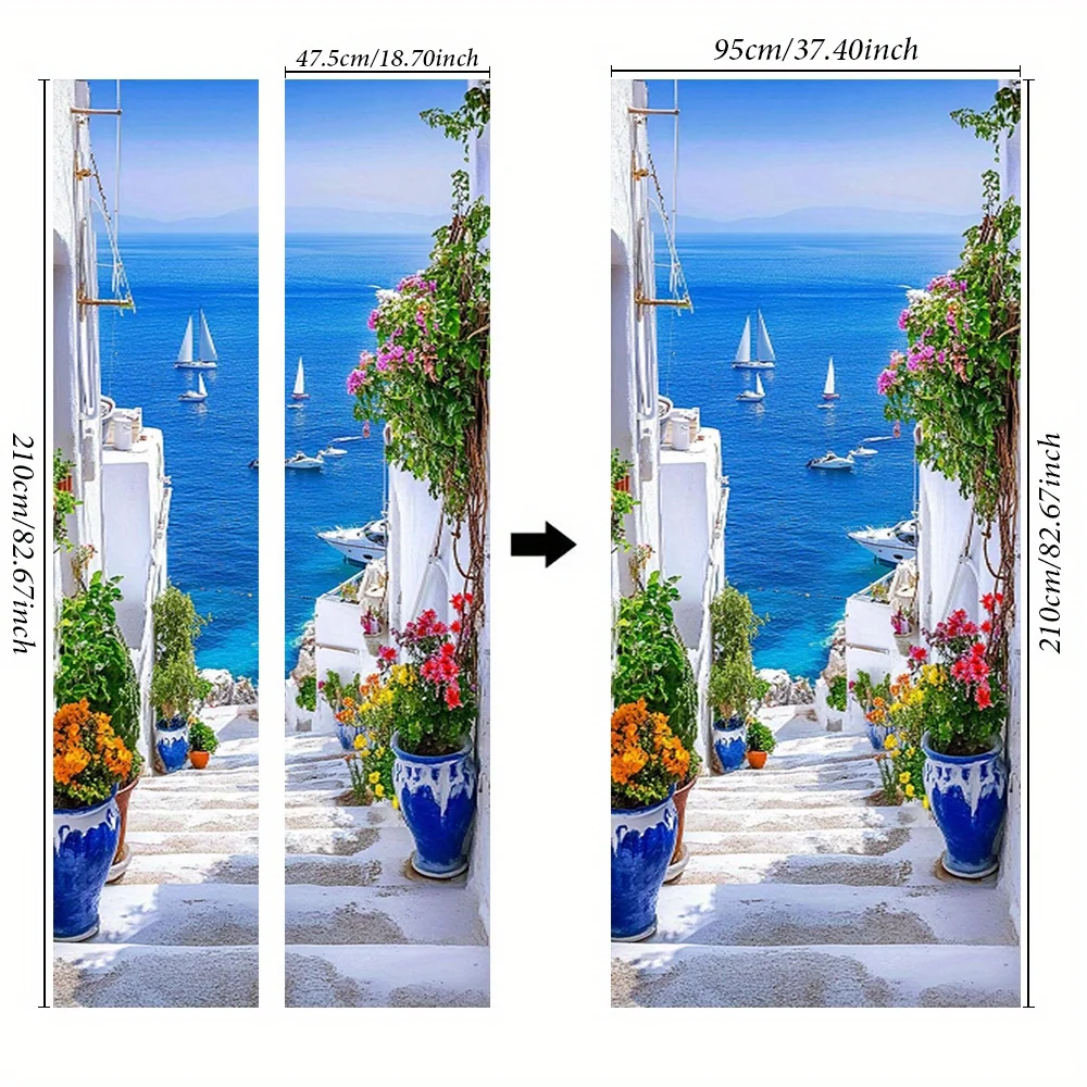 1 Sailboat Door Mural, Sea View Self-Adhesive Mural, Blue and White Vase Sticker, Flower Door Mural, Coastline Door Sticker Deco