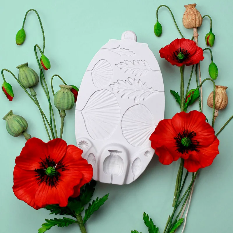 Silicone Cake Mold Poppy Flower Leaves Cupcake Candy Chocolate Baking Decoration Tools Clay Fondant Moulds Resin Kitchenware