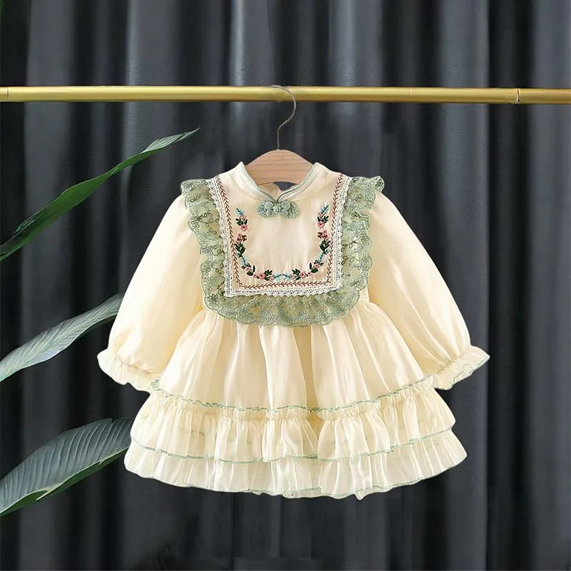 Baby Dresses Spring/Autumn Cotton Flower Embroidery Lace Edge Long Sleeved Baby Girl Dress Sweet And Cute Baby Girl Clothing