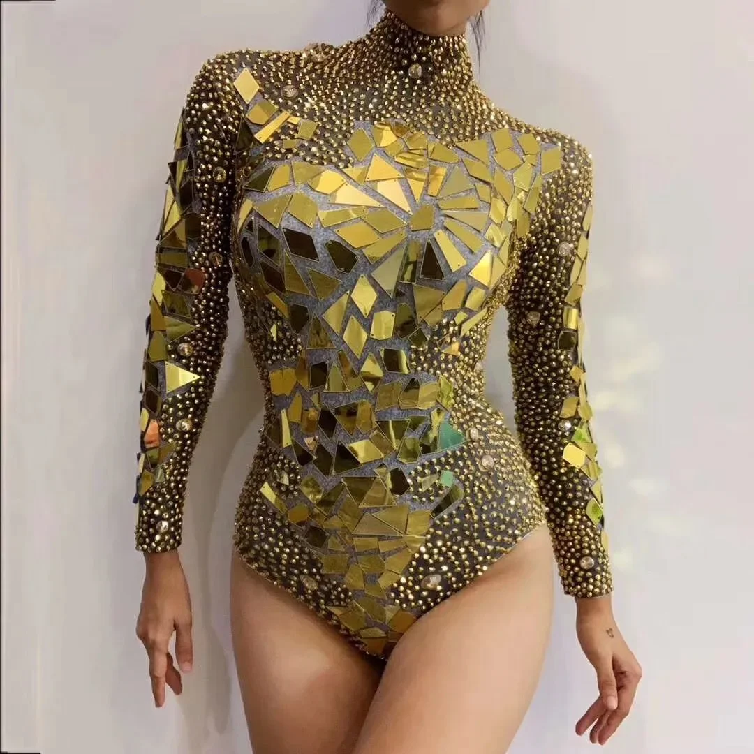 

Shining Gold Mirrors Crystals Jumpsuits Evening Birthday Party Celebrate Rhinestones Bodysuits Sexy Dance Sequins Stage Costume