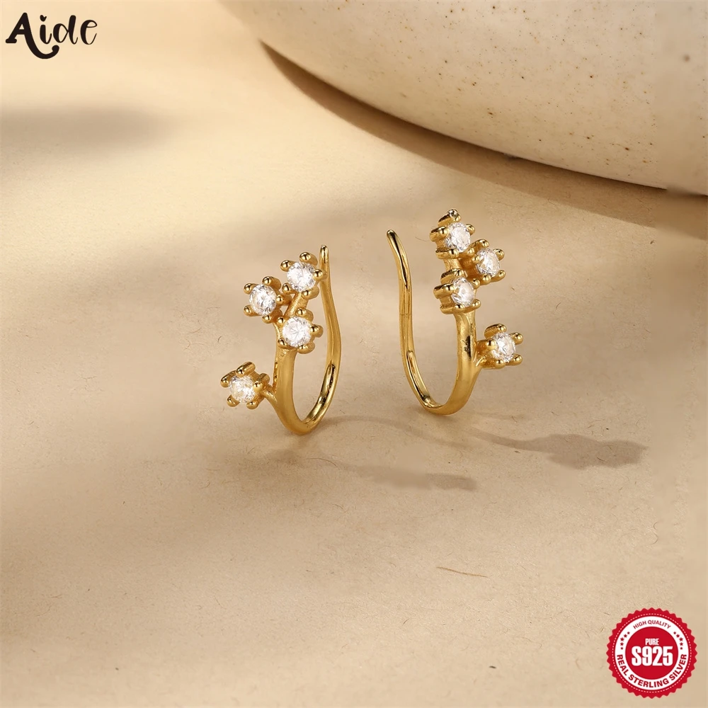Aide 925 Sterling Silver Floral Ear Studs Gold-Plated CZ Flower Crawler Earrings for Women Boho Daily Wear Ear Climbing Jewelry