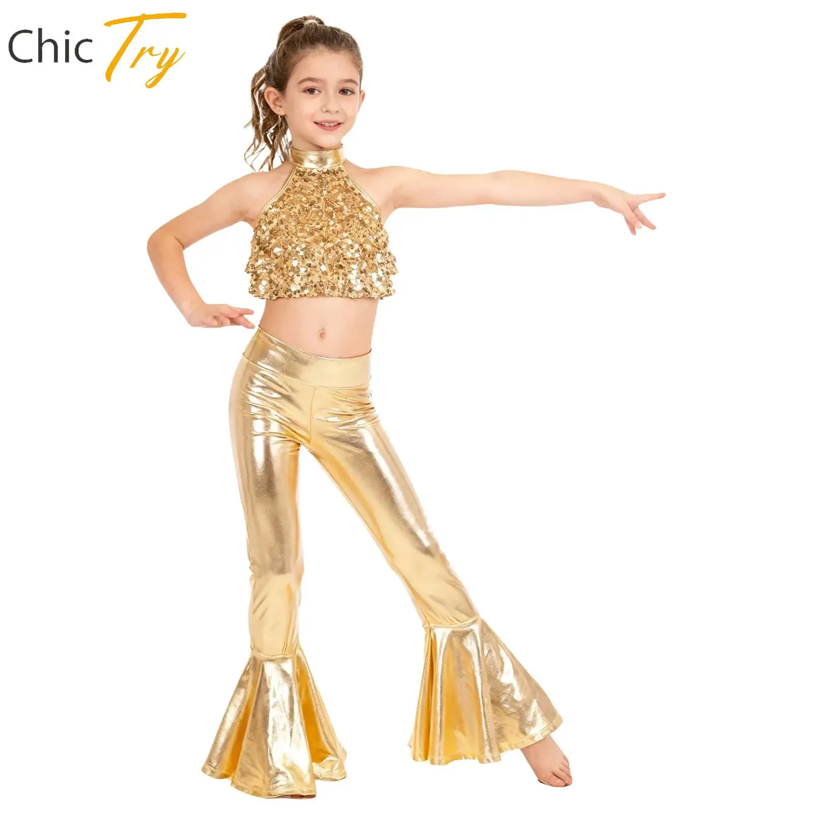 

Kids Girls Jazz Dance Sets Gymnastics Latin Cha-cha Samba Performance Dancewear Sleeveless Shiny Sequin Backless Crop Top+Pants