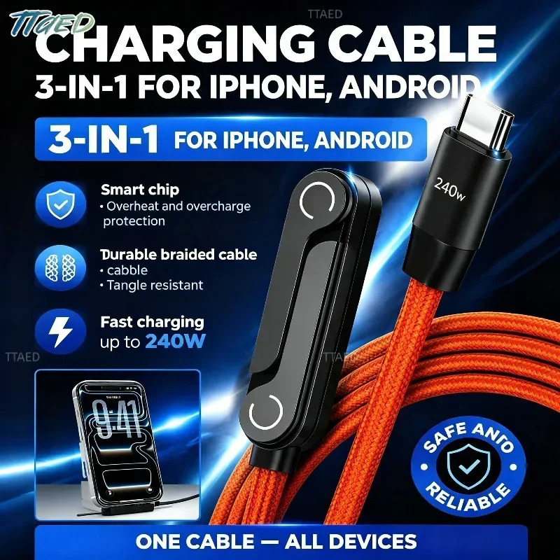 240W, USB-C to USB-C, 고속 충전, 접이식 거치대, 데이터 케이블, Type-C, 아이폰 17, 16, 삼성용 데스크탑 충전선