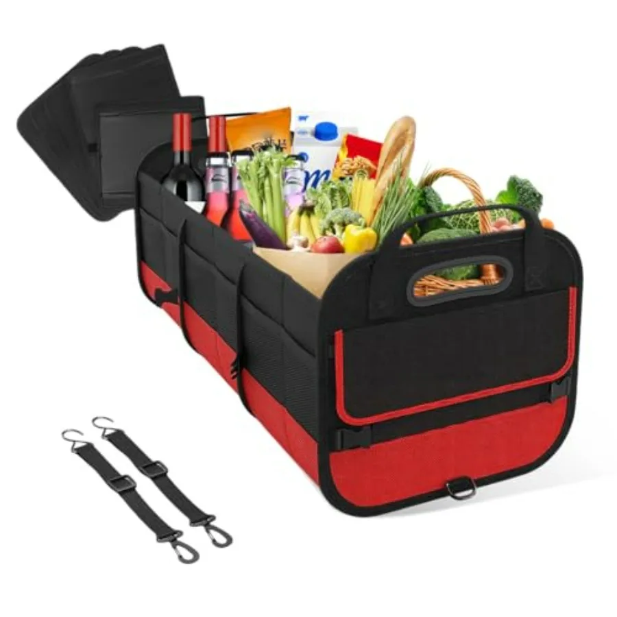 

Большой органайзер для автомобиля 95 л, расширяемый, для багажника, с разделителями, черно-красный, фиксированный, с ручками