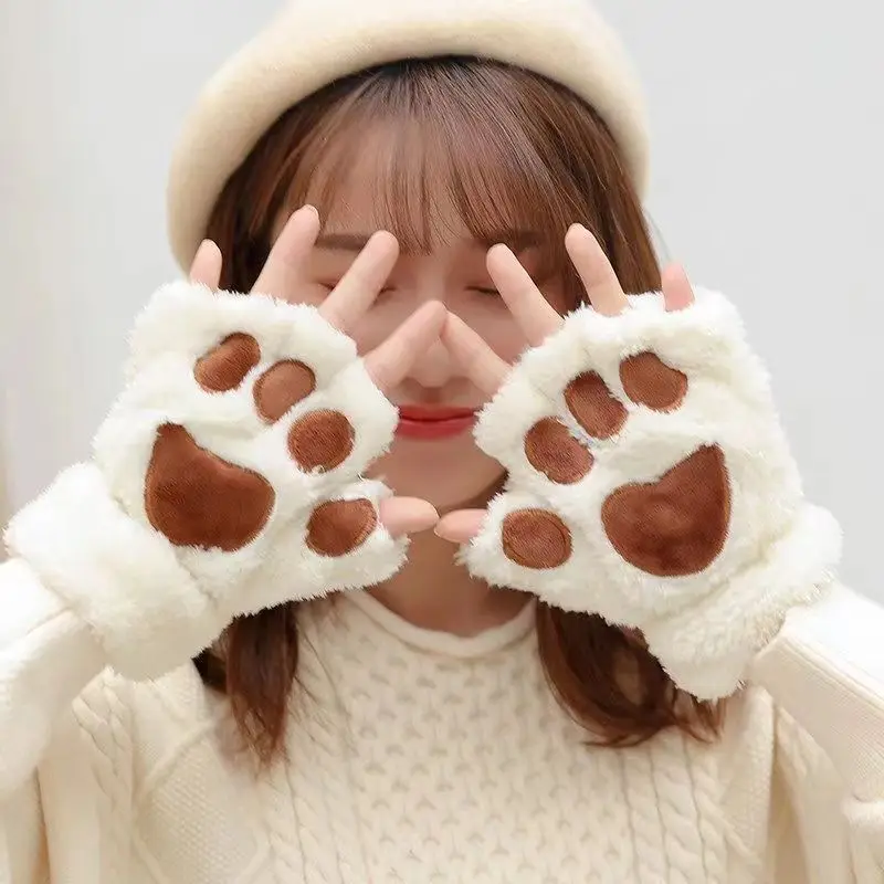 Cute Cat Claw Half Finger Plush Gloves for Women Men Convenient Soft Warm Fluffy Animal Palm Fashionable Mittens Sweet Gift