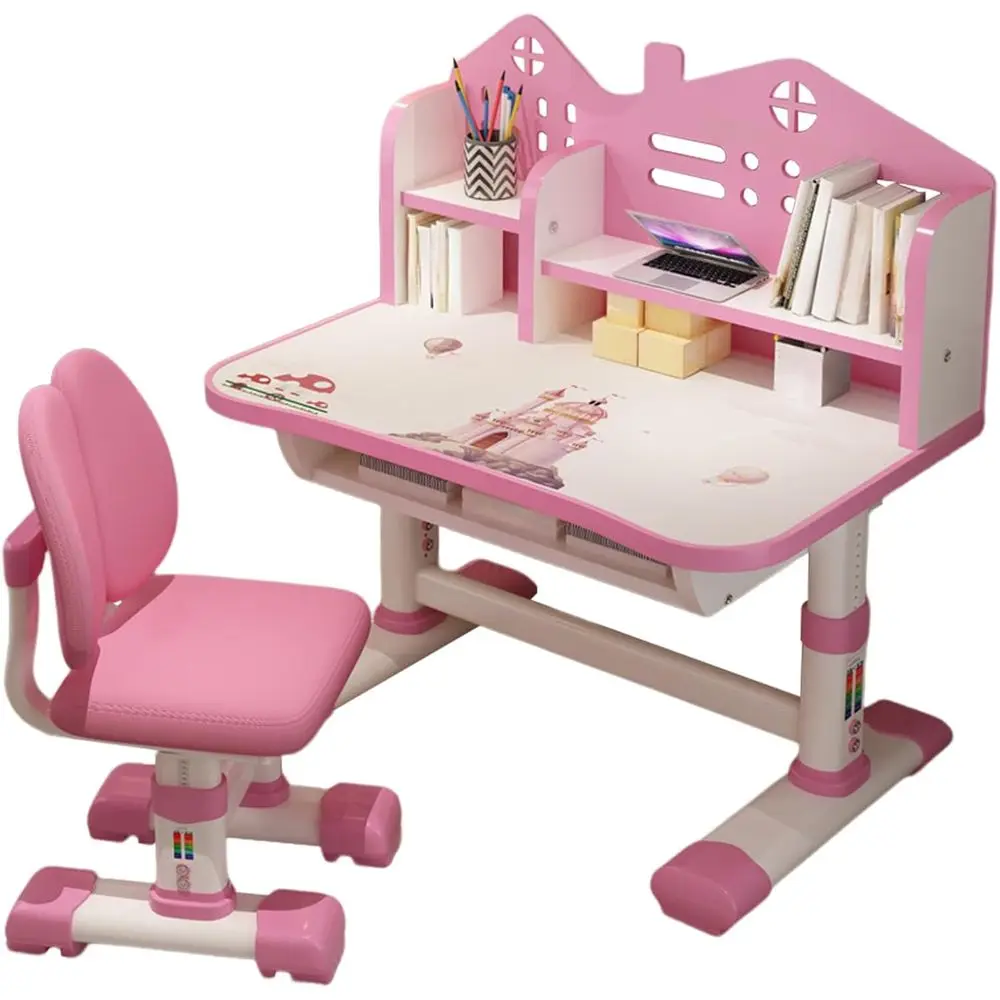 Pink Adjustable Height Kids Study Desk and Chair Set with Multi-Sectional Design
