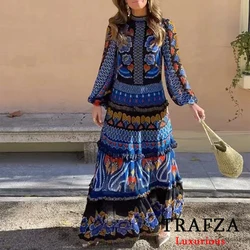 TRAFZA Vintage Flower Print Ruffles Long Dress Women Long Sleeve O Neck Boho Party Dress Fashion 2024 Elegant Holiday Vestidos