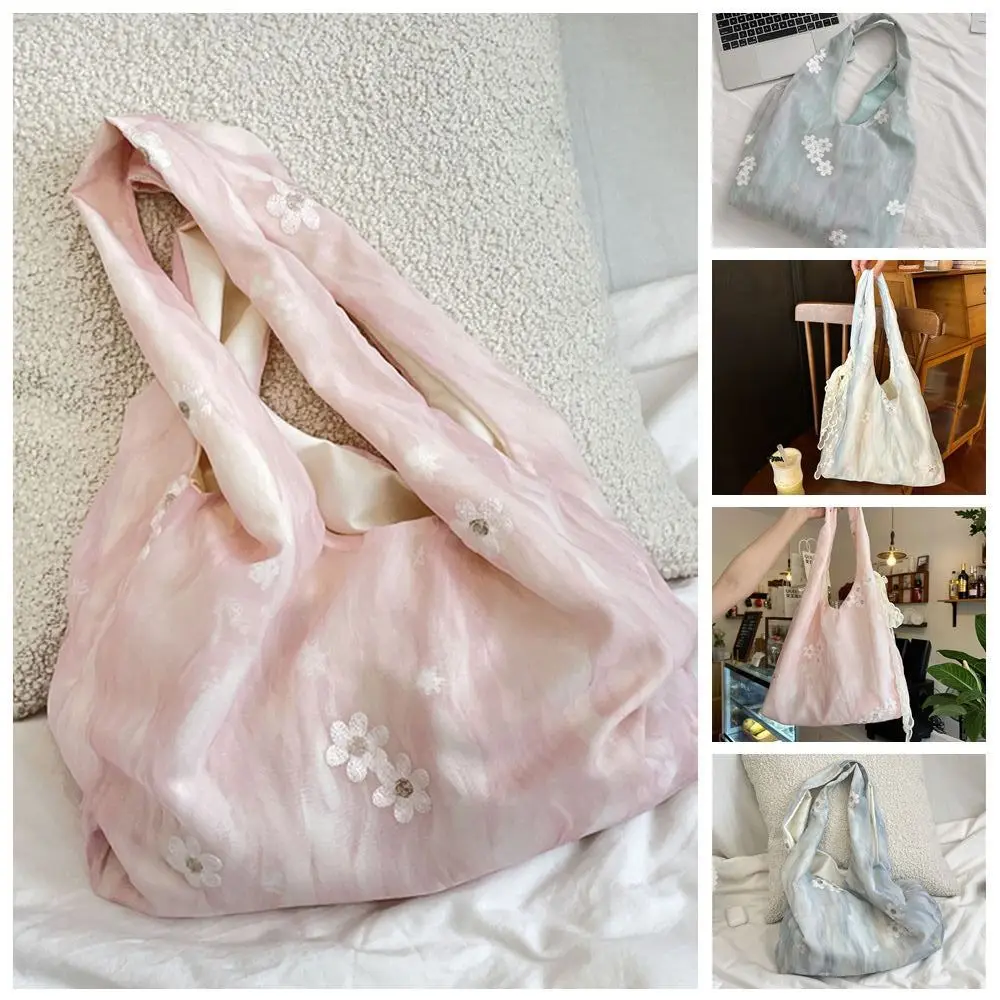 Fresh Color Flower Embroidery Vest Bag Large Capacity with Lace Ribbon Vacation Tote Bag Solid Color Korean Style Shoulder Bag