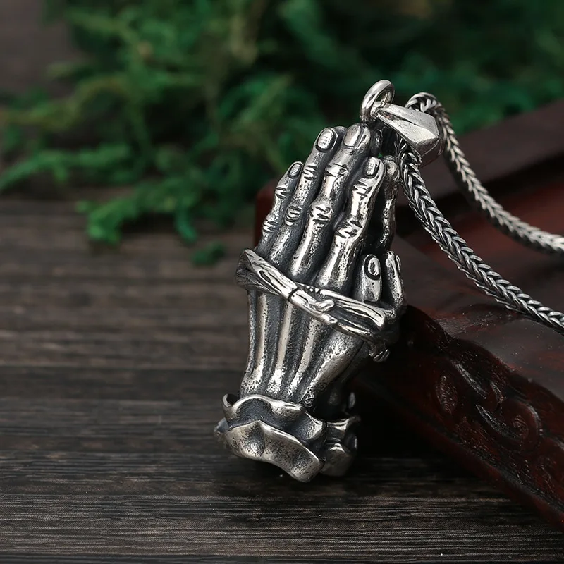 S925 Sterling Silver Hands Pendant Black Color Old Process Pray Unisex Fine Jewelry FYNE436