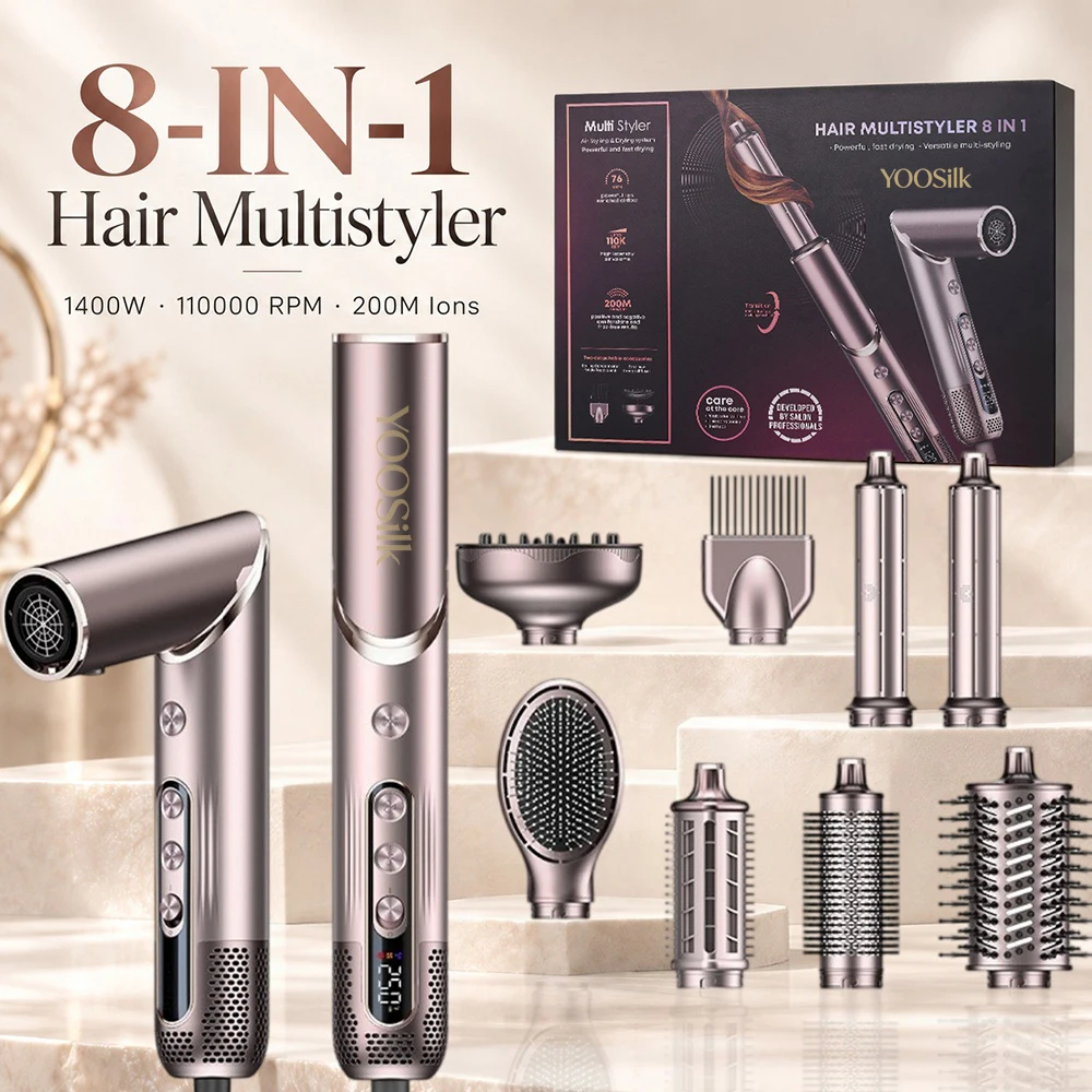 YOOSilk 8-in-1 Hair Multistyler 1400W High Speed Hair Dryer 110000 RPM Auto Wrap Curler Hot Air Brush Styling Set
