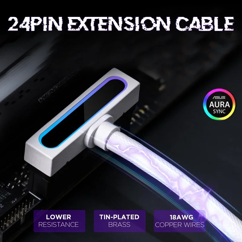 ATX Motherboard 24 Pins PSU Extension for PC ARGB Light with 5V 3Pin 90° Right-Angle 30cm PC CPU Cable Set One-Wire Connection