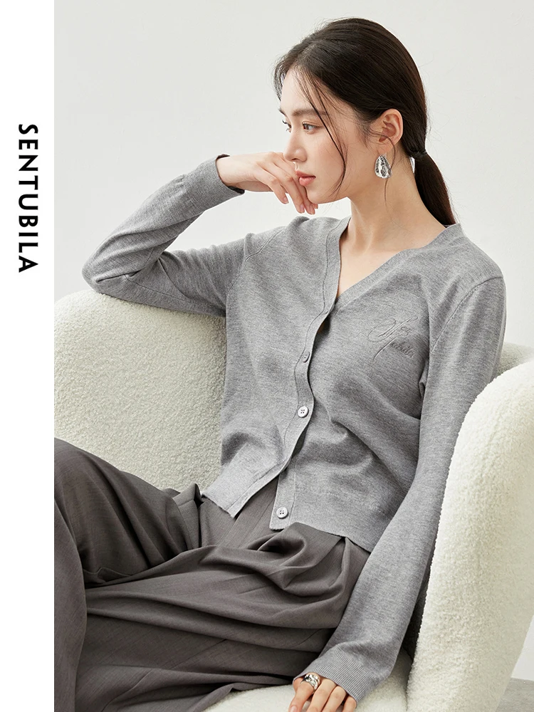 

SENTUBILA Women Wool Knit Cardigans 2025 Autumn Basics Solid V Neck Long Sleeve Tops Embroidery Casual Sweater OutdoorsW43H57223