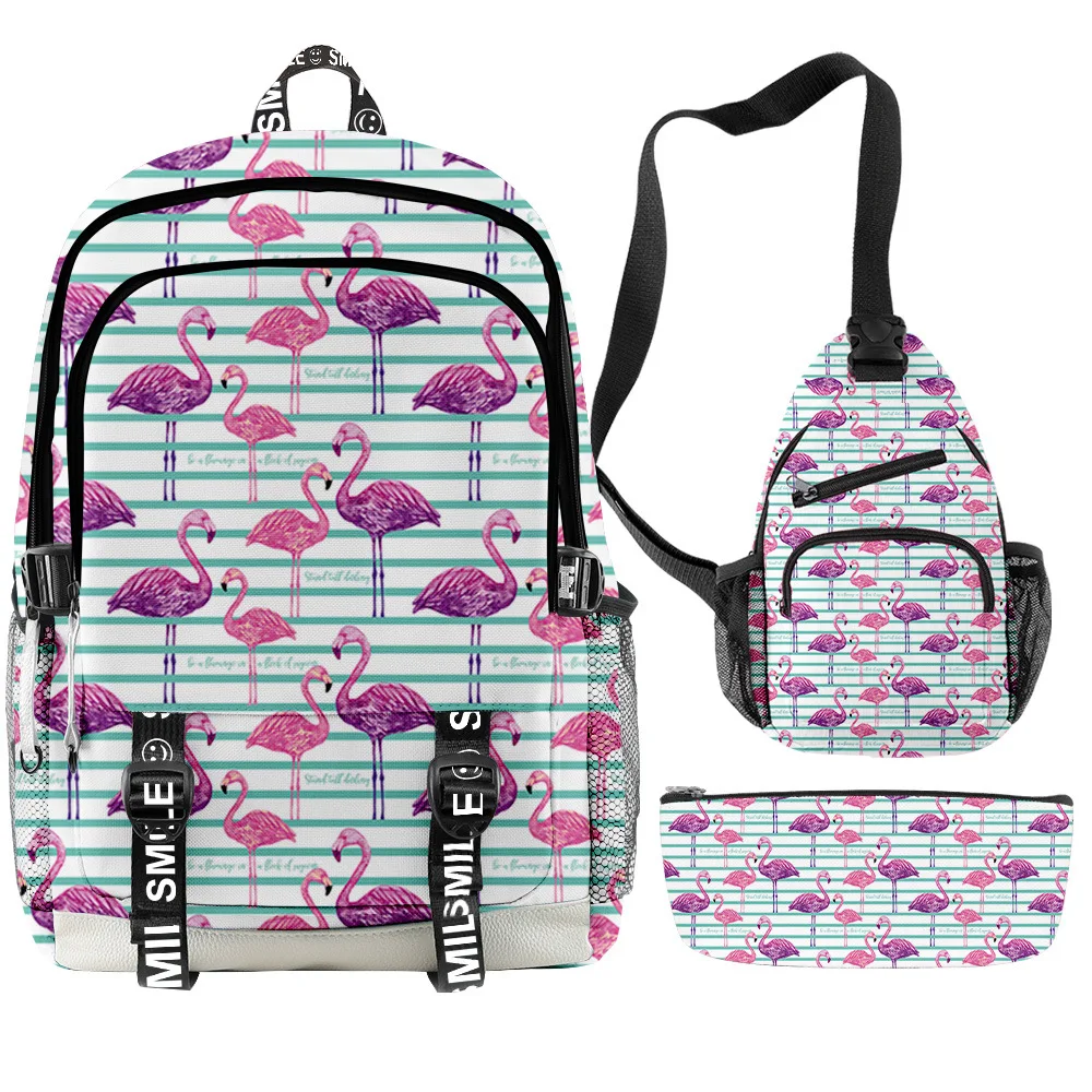 

Trendy Classic Youthful Flamingo 3D 3pcs/Set Oxford Waterproof Notebook multifunction Backpacks Chest Bag Pencil Case