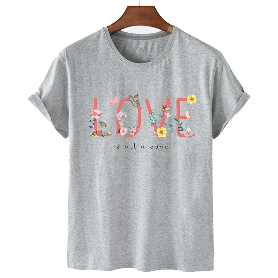 100% Cotton Love Flower Print Short Sleeve T-Shirt Women's 2022 Summer Women's Casual T-Shirt Unisex Short Sleeve T-Shirt S-4XL