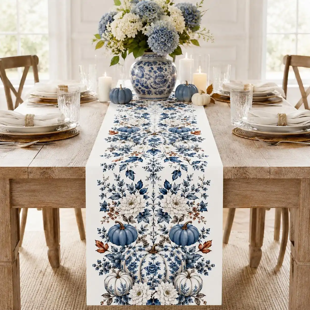 1pc 2D Flat Blue White Pumpkin Table Runner, Chinoiserie Floral Fall Home Decor for Thanksgiving