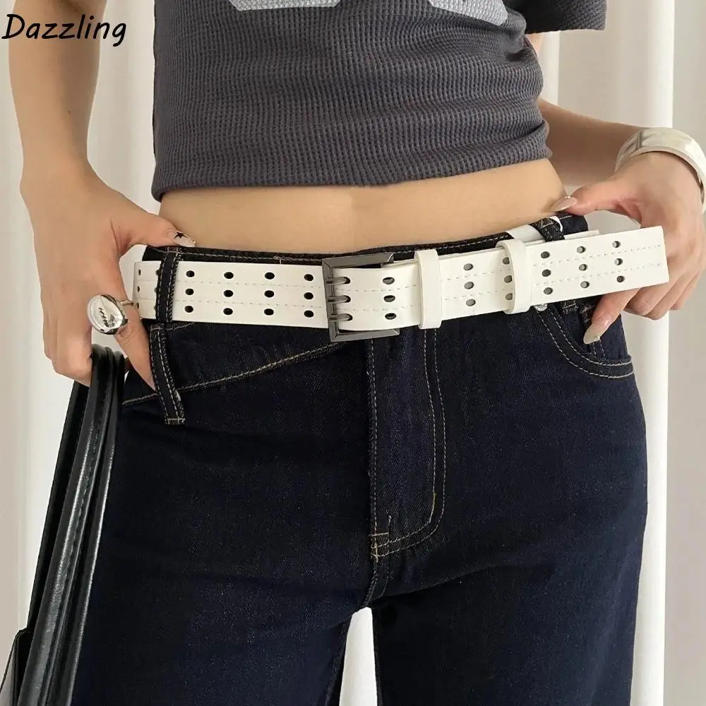 

Trendy Vintage Three-Row Wide Belt Versatile Y2k Leather Waistband Black White Harajuku Women's Dress Jeans Belt Waist Belt