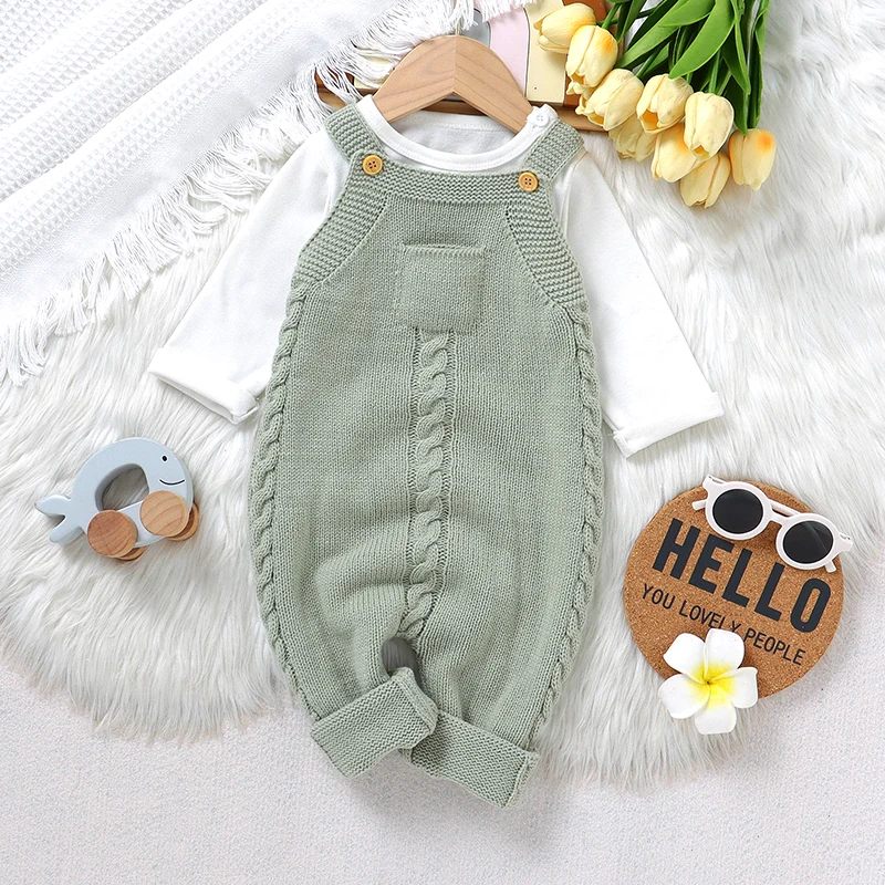 Newborn Baby Romper Knitted Infant Boy Jumpsuit Sleeveless Autumn Toddler Kid Sling Clothing Fashion Solid Pocket 0-18M Overalls