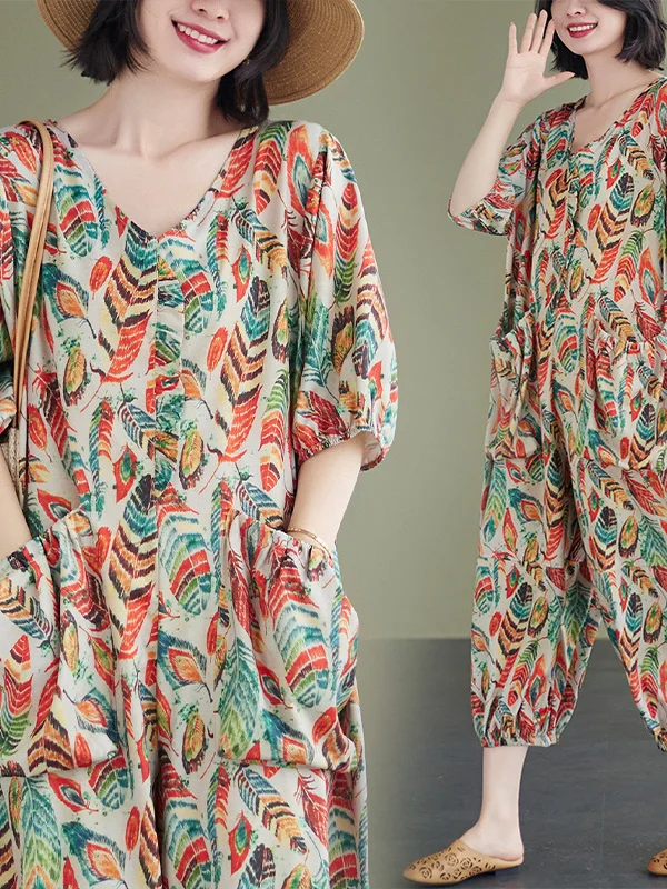 Tuta artistica con stampa retrò Estate da donna Nuovo V-ne Dimagrante Pantaloni larghi a lanterna alla moda taglie forti Pantaloni casual