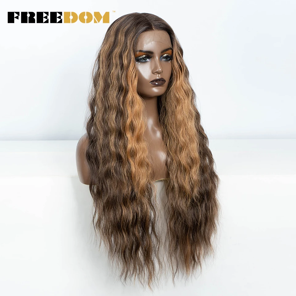 FREEDOM Synthetic Lace Frontal Wigs For Women 30 Inch Curly Wavy Ombre Highlight Ginger Lace Wigs Heat Resistant Cosplay Wigs