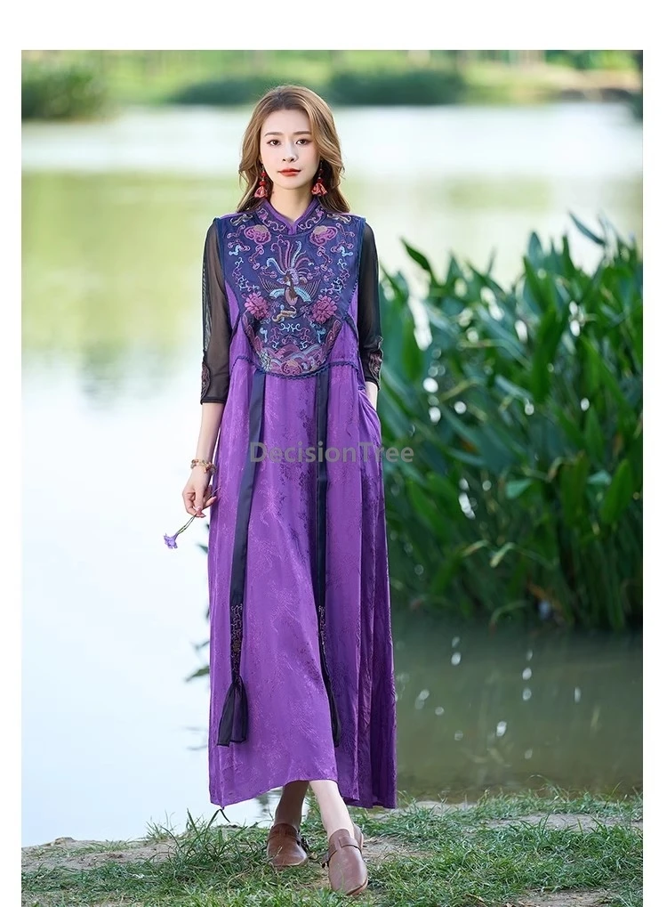 

2025 retro ethnic style exquisite embroidery dress long length sleeveless vest dress chinoiserie stand collar elegant qiapo robe