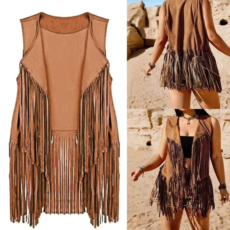 

Women Sleeveless Fringe Vest Tassels 70s Hippie Costume Open Front Cardigan Cowgirl Top for Music Festivals Party 6XDA