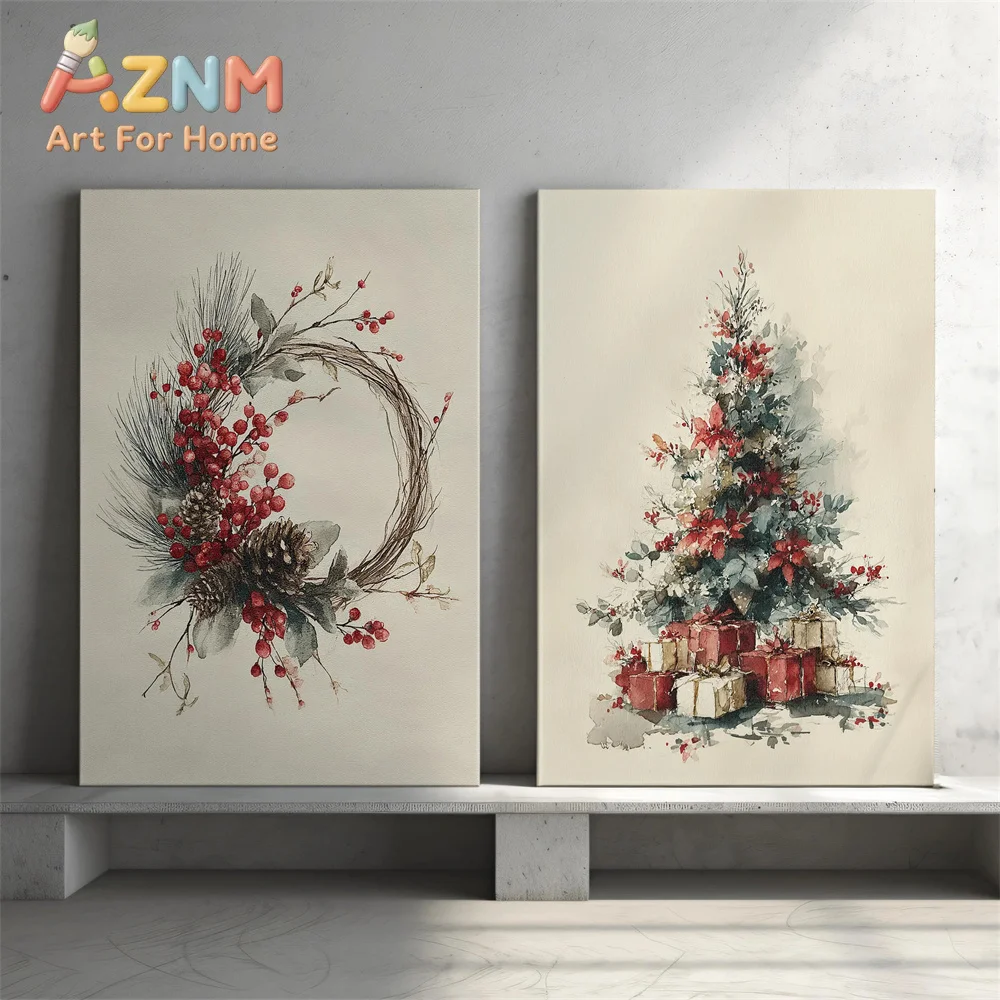 Watercolor Christmas Winter Decor Wall Art Set of 3 Poster or Canvas Print, Christmas Tree Wreath and Mistletoe Wall Art