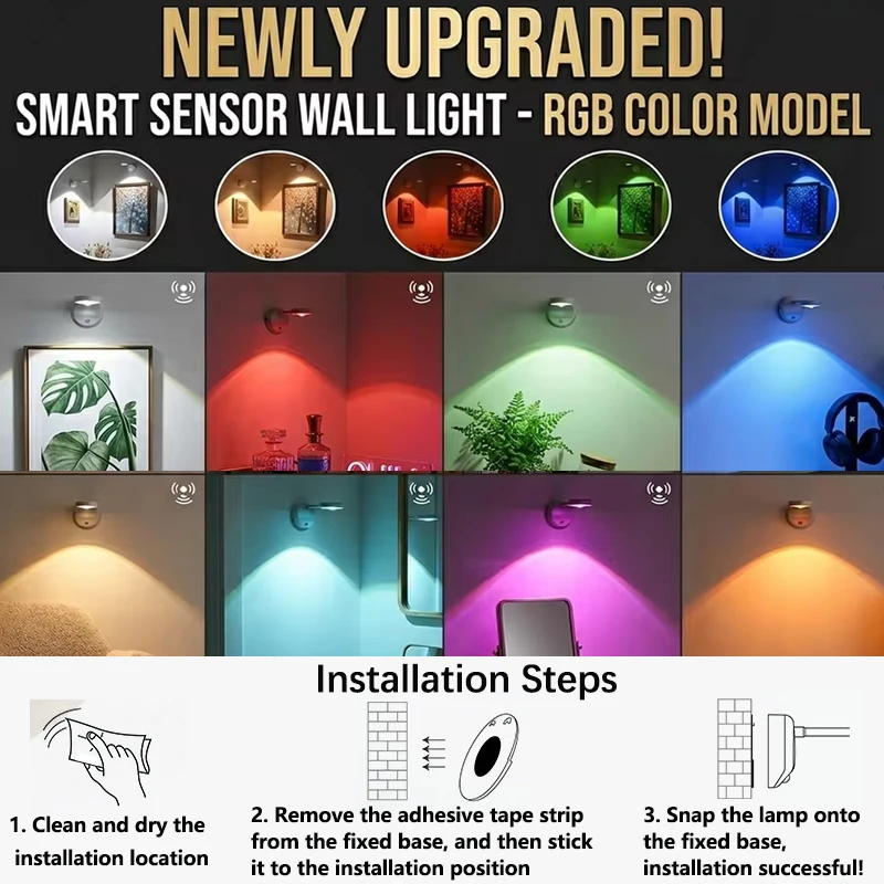 LED Human Body Sensor Automatic Night light Motion Sensor RGB Atmosphere Wall Lighting USB Charging Eye-Protecting Dimmer Lamp