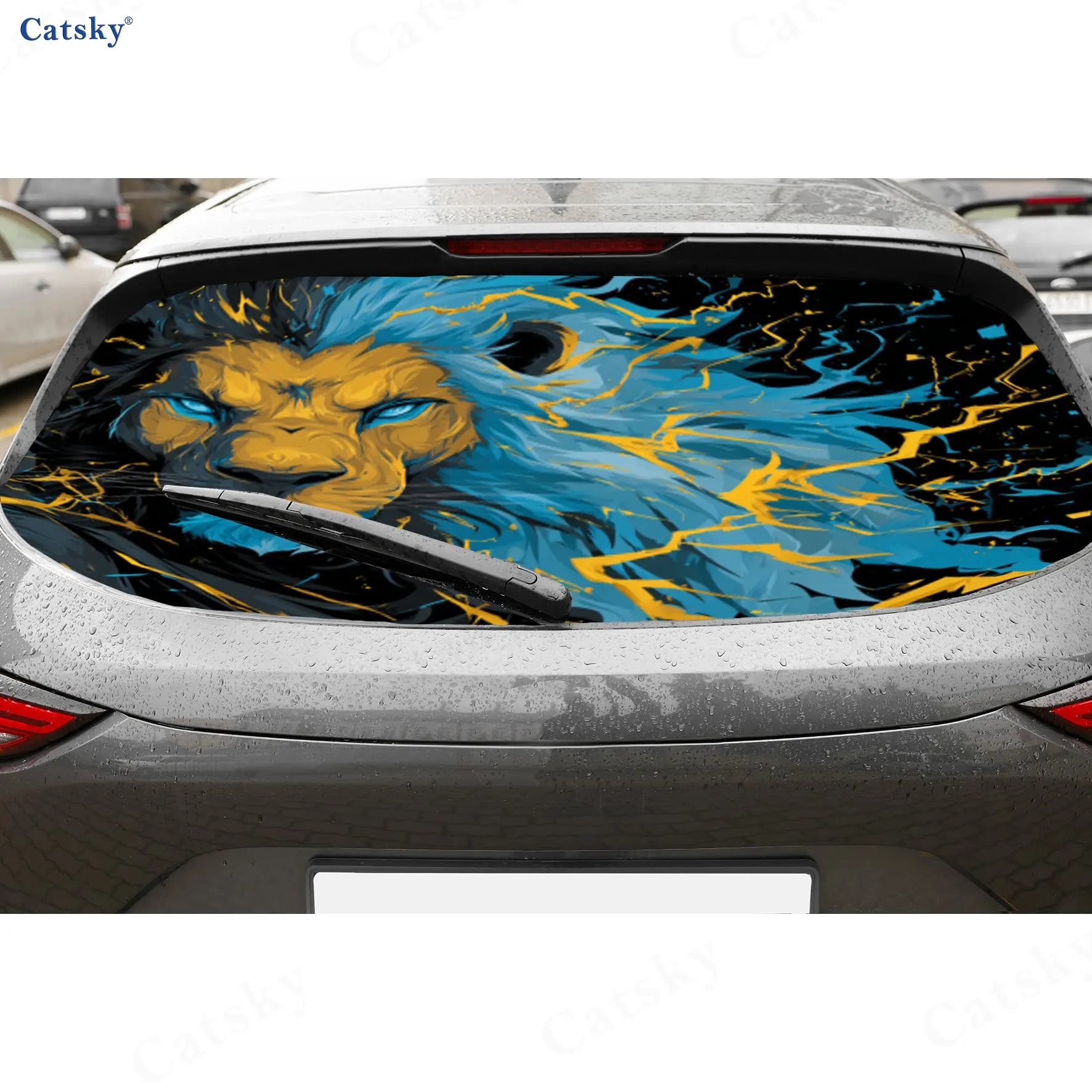Lightning Lion PVC Perforated Car Vinyl Wraps, Privacy Enhancing Design For Rear Window, Car Rear Windshield Sticker