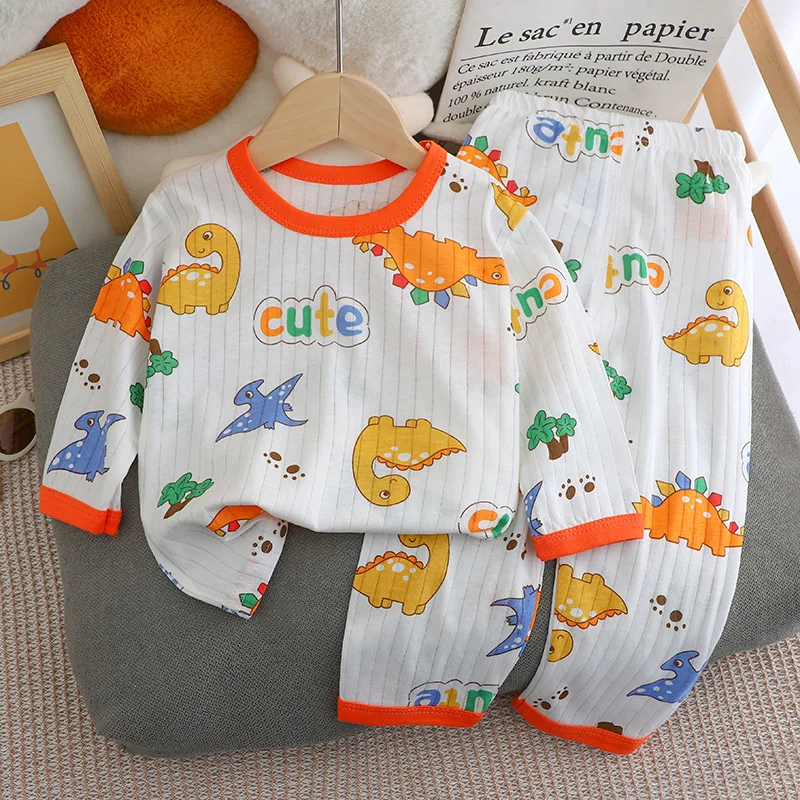 2024 neue Kinder Jungen Mädchen Sommer Reine Baumwolle Dünne Pyjamas Niedlichen Cartoon Print Langarm T-Shirt Tops + Hosen Baby kleidung Sets